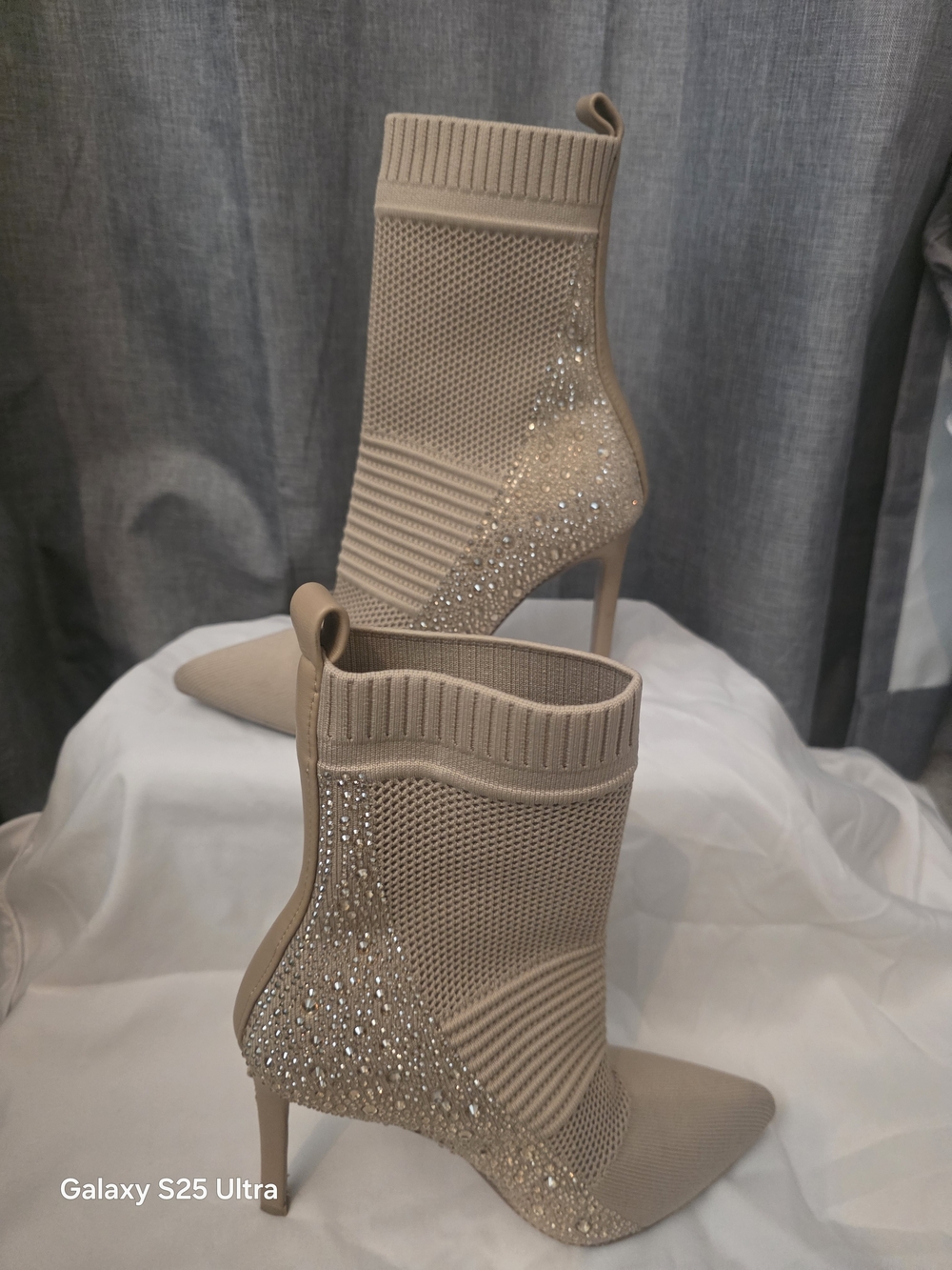 Knit Pointed-Toe Crystal Ankle Boots in Beige Maxwell